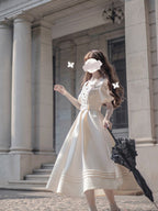 Classic Lolita Striped Hem Ivory Dress French Retro Dress Apricot Square Collar Light Lolita