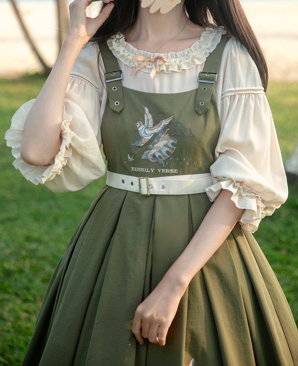 Classic Lolita Sweet Olive Green Set Embroider Pinafore Dress Summer Jumpsuit