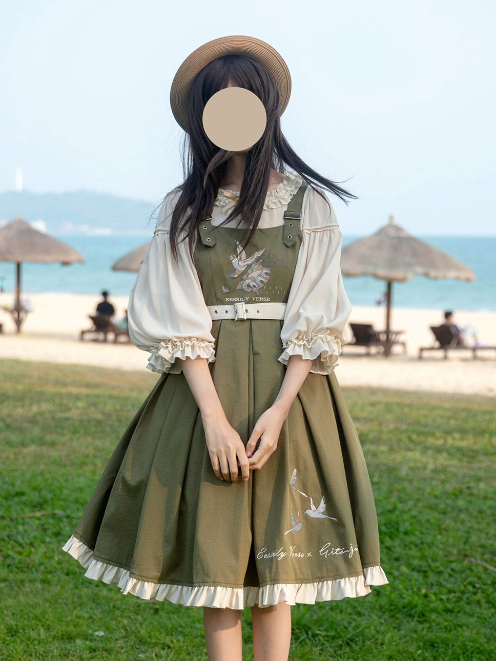 Classic Lolita Sweet Olive Green Set Embroider Pinafore Dress Summer Jumpsuit