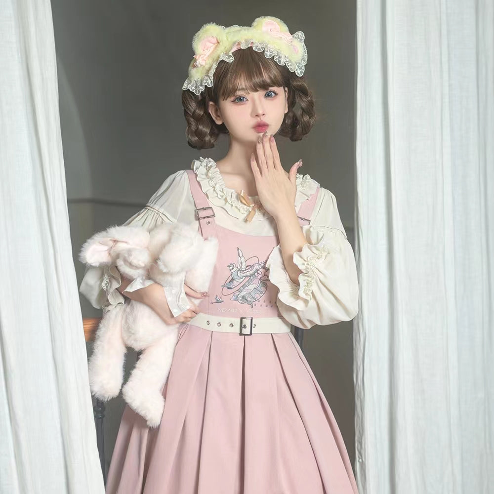Classic Lolita Sweet Pink Set Embroider Pinafore Dress Summer Jumpsuit