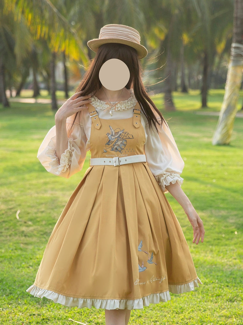 Classic Lolita Sweet Yellow Set Embroider Pinafore Dress Summer Jumpsuit