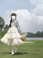 Classic Lolita Gingham Accented Cream French Retro Segment Dress Elegant Gray-blue Light Lolita
