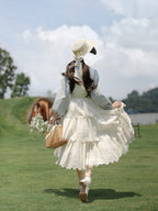 Classic Lolita Gingham Accented Cream French Retro Segment Dress Elegant Gray-blue Light Lolita