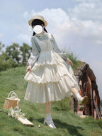 Classic Lolita Gingham Accented Cream French Retro Segment Dress Elegant Gray-blue Light Lolita