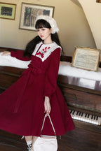 Classic Lolita Red Long Sleeve Dress Long Solid Color Simple