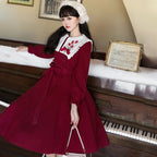 Classic Lolita Red Long Sleeve Dress Long Solid Color Simple