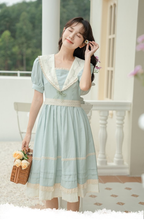 Classic Pastoral Retro Blue Embroider Dress Sweet Navy Collar Light Lolita Skirt Casual Coord