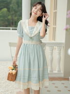 Classic Pastoral Retro Blue Embroider Dress Sweet Navy Collar Light Lolita Skirt Casual Coord