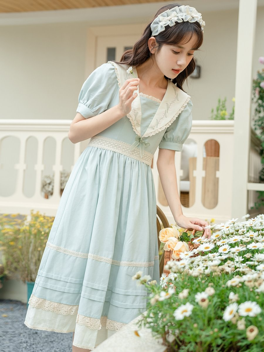 Classic Pastoral Retro Blue Embroider Dress Sweet Navy Collar Light Lolita Skirt Casual Coord
