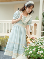 Classic Pastoral Retro Blue Embroider Dress Sweet Navy Collar Light Lolita Skirt Casual Coord