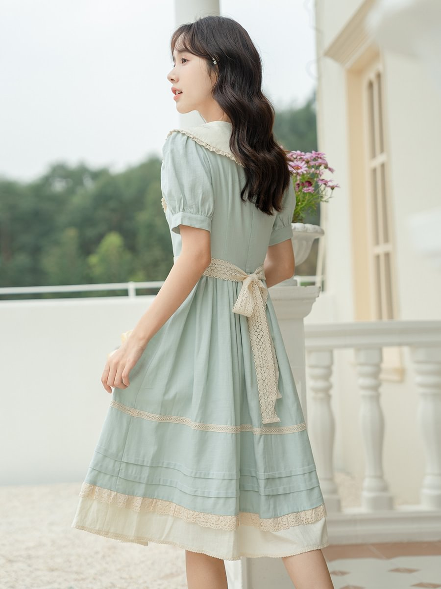 Classic Pastoral Retro Blue Embroider Dress Sweet Navy Collar Light Lolita Skirt Casual Coord