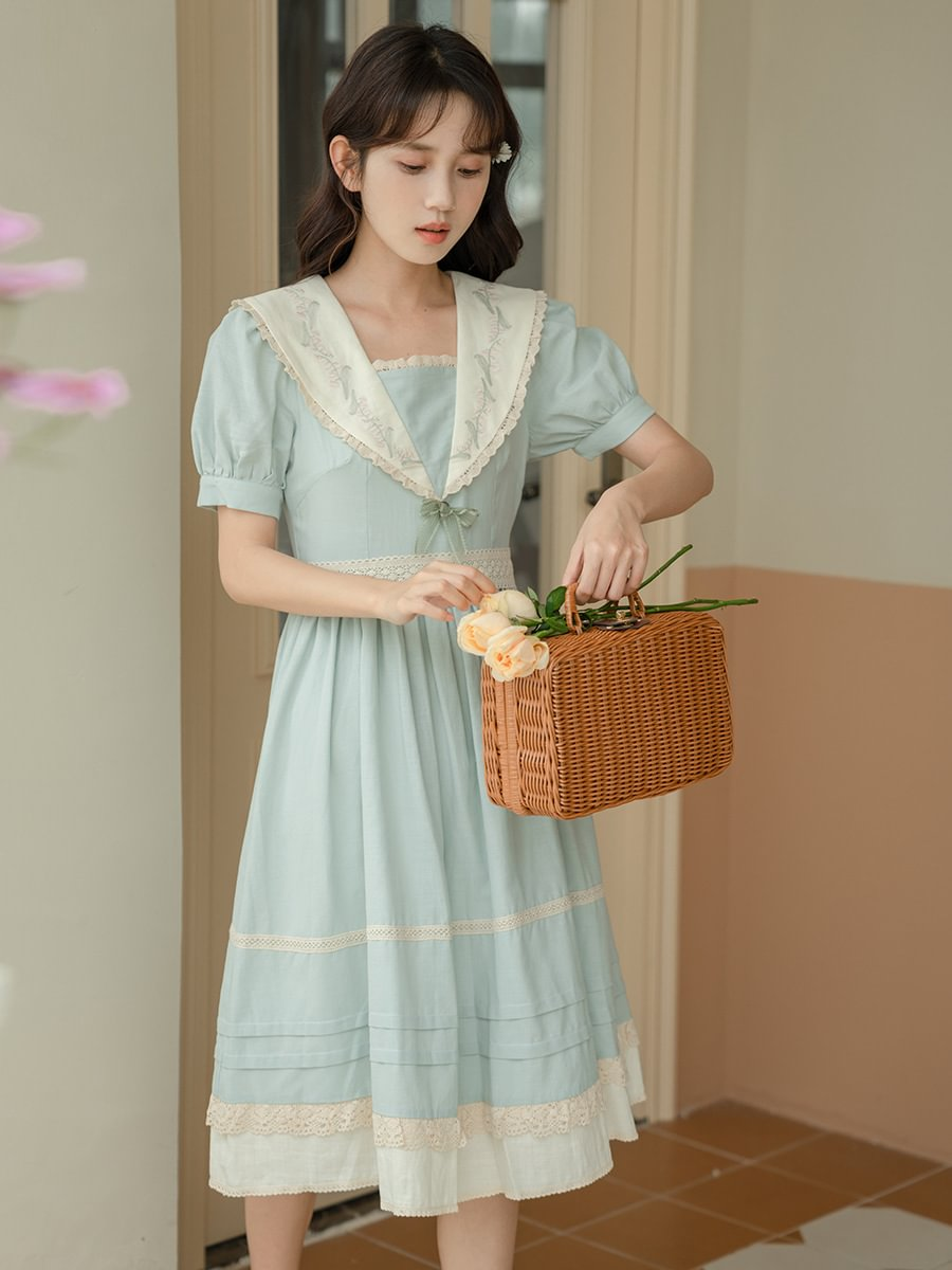 Classic Pastoral Retro Blue Embroider Dress Sweet Navy Collar Light Lolita Skirt Casual Coord