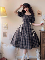 Classic Plaid Light Lolita Dress Square Neck Bowknot OP