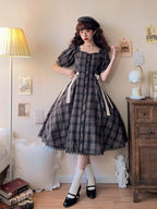 Classic Plaid Light Lolita Dress Square Neck Bowknot OP