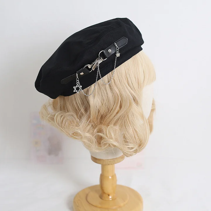 Lolita Hair Accessories Black Punk Metal Chain Beret Octagonal Spring and Autumn
