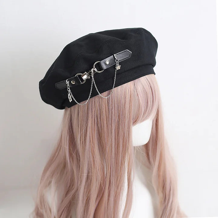 Lolita Hair Accessories Black Punk Metal Chain Beret Octagonal Spring and Autumn