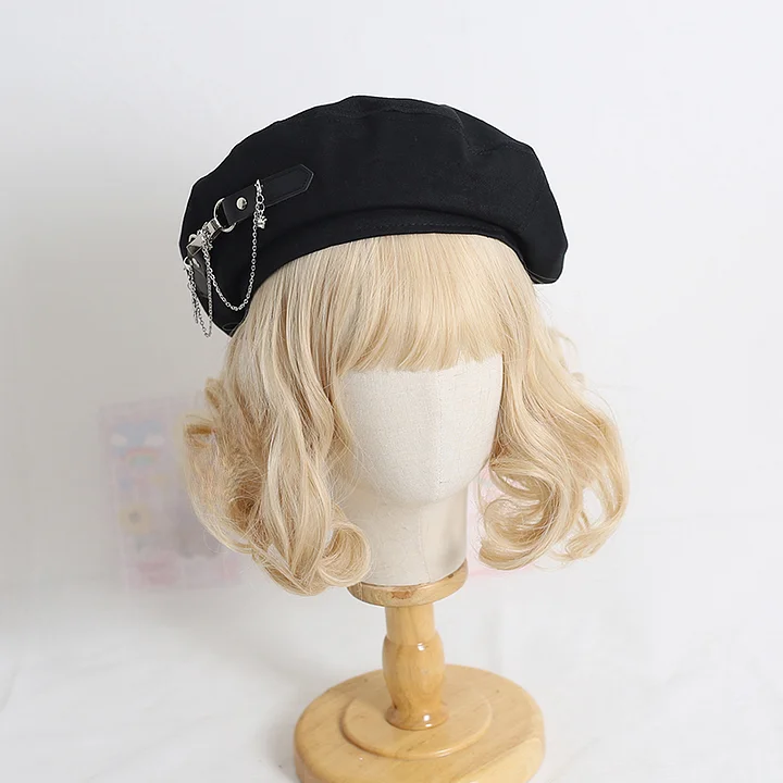Lolita Hair Accessories Black Punk Metal Chain Beret Octagonal Spring and Autumn