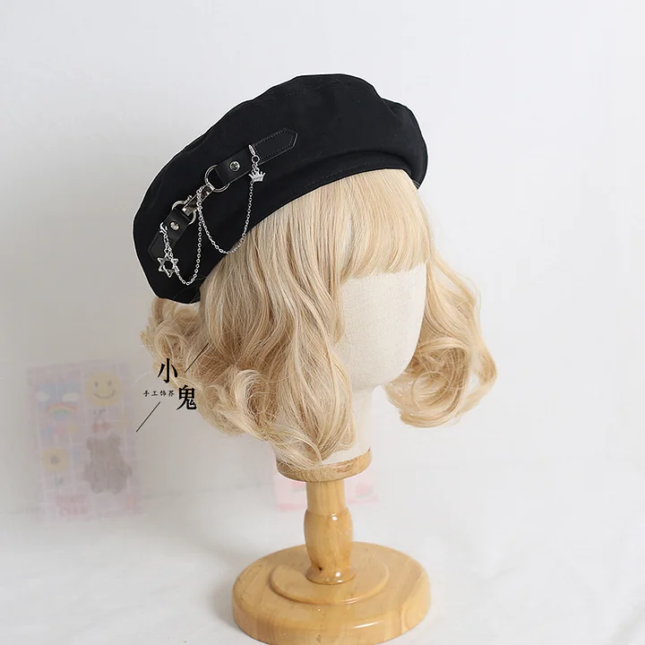 Lolita Hair Accessories Black Punk Metal Chain Beret Octagonal Spring and Autumn