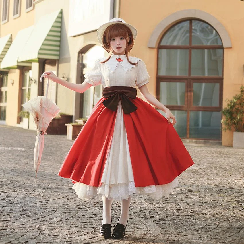 Classic Red with Apricot Dress OP Long Dress Light Lolita