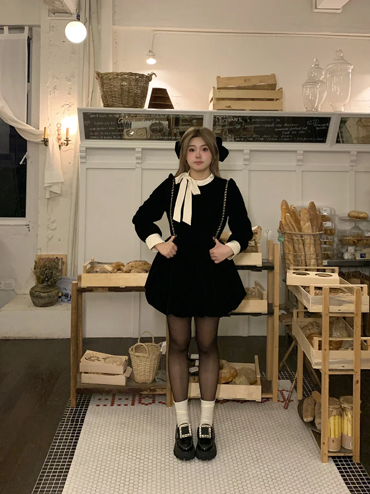 Classic Lolita Retro Autumn French Ruffle Small Black Dress Plus Size 3XL One Piece Dress