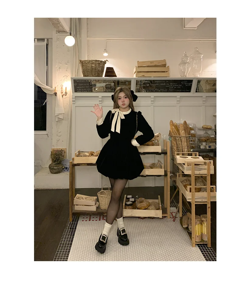Classic Lolita Retro Autumn French Ruffle Small Black Dress Plus Size 3XL One Piece Dress