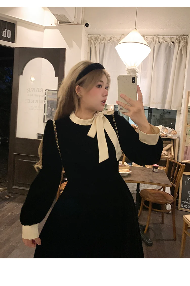 Classic Lolita Retro Autumn French Ruffle Small Black Dress Plus Size 3XL One Piece Dress