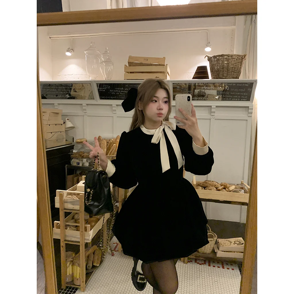 Classic Lolita Retro Autumn French Ruffle Small Black Dress Plus Size 3XL One Piece Dress