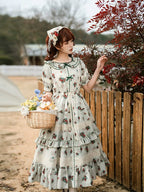 Classic Rustic Print Short Sleeve Lace Long Dress Lolita