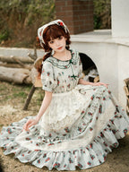 Classic Rustic Print Short Sleeve Lace Long Dress Lolita