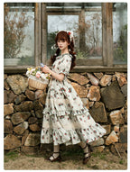 Classic Rustic Print Short Sleeve Lace Long Dress Lolita