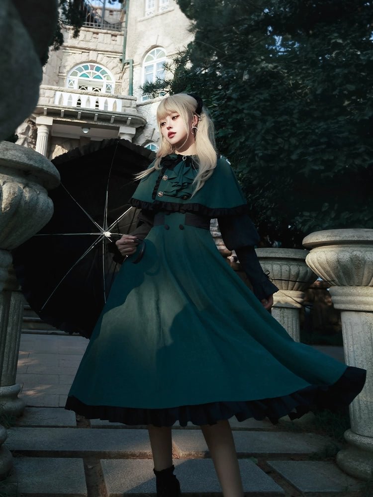 Classic Vintage Green Lolita Dress Dress OP Long Sleeve Jacket Accessories with Cape