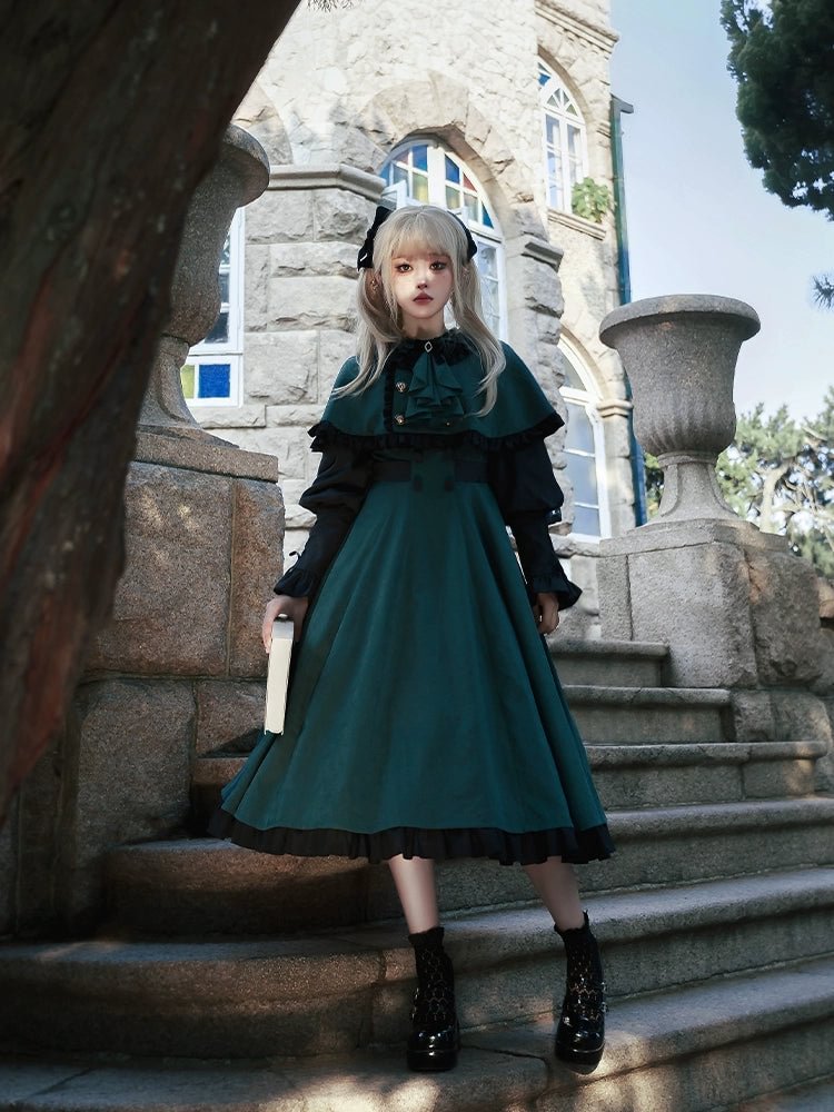 Classic Vintage Green Lolita Dress Dress OP Long Sleeve Jacket Accessories with Cape