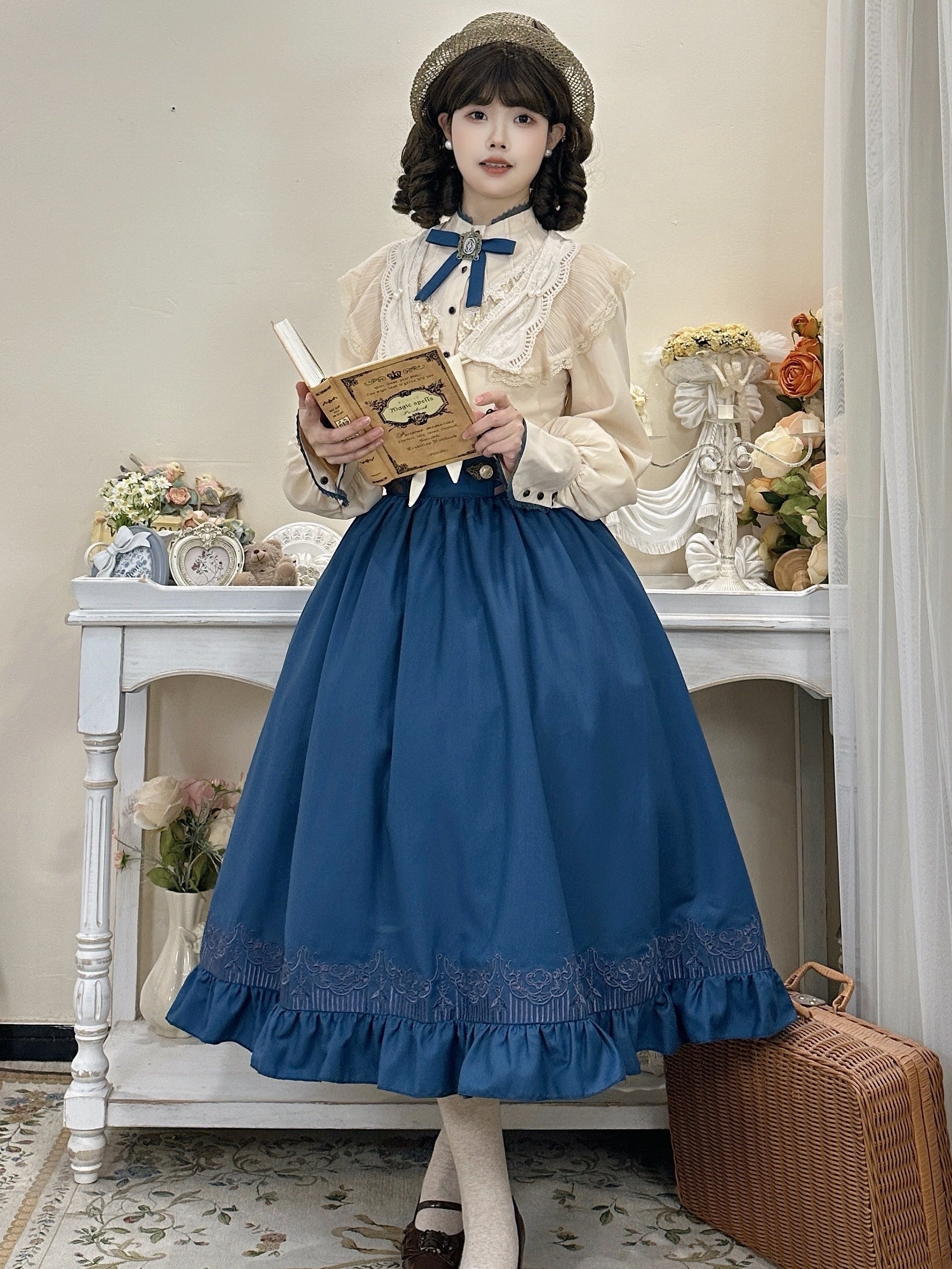 Classic Lolita Set Blue Skirt Cream Outfits Skirt OP Dress