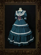 Classic Vintage Lolita Victorian Lolita Elegant Ruffled Lolita Dress Navy Collar Short Sleeves Maxi Dress OP
