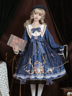 Classic Vintage Long Sleeve Lolita Blue Printed Bowknot Dress Hem