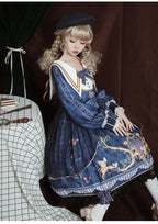 Classic Vintage Long Sleeve Lolita Blue Printed Bowknot Dress Hem