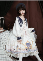 Classic Vintage Long Sleeve Lolita Blue Printed Bowknot Dress Hem