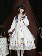 Classic Vintage Long Sleeve Lolita Blue Printed Bowknot Dress Hem