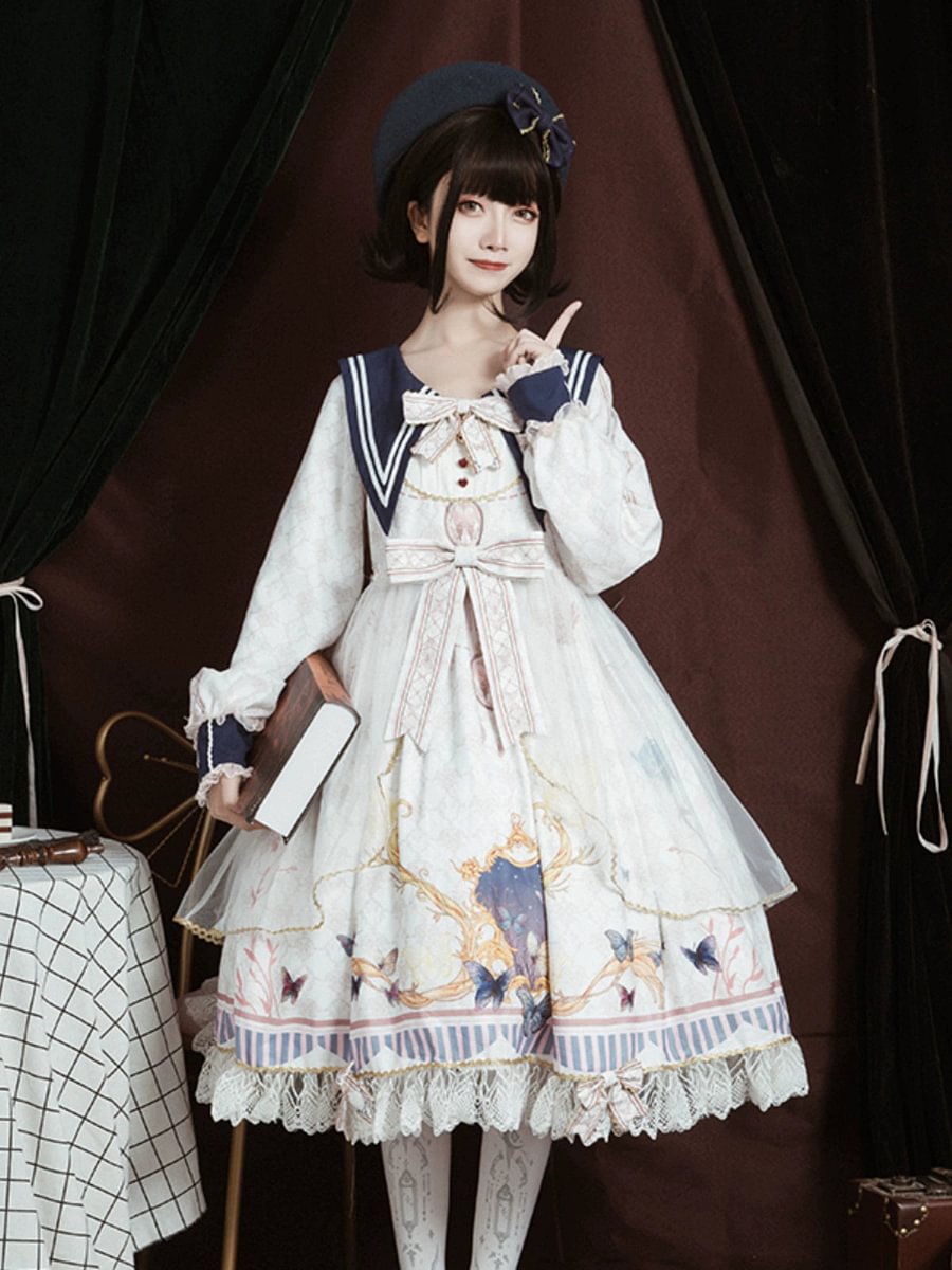 Classic Vintage Long Sleeve Lolita Blue Printed Bowknot Dress Hem