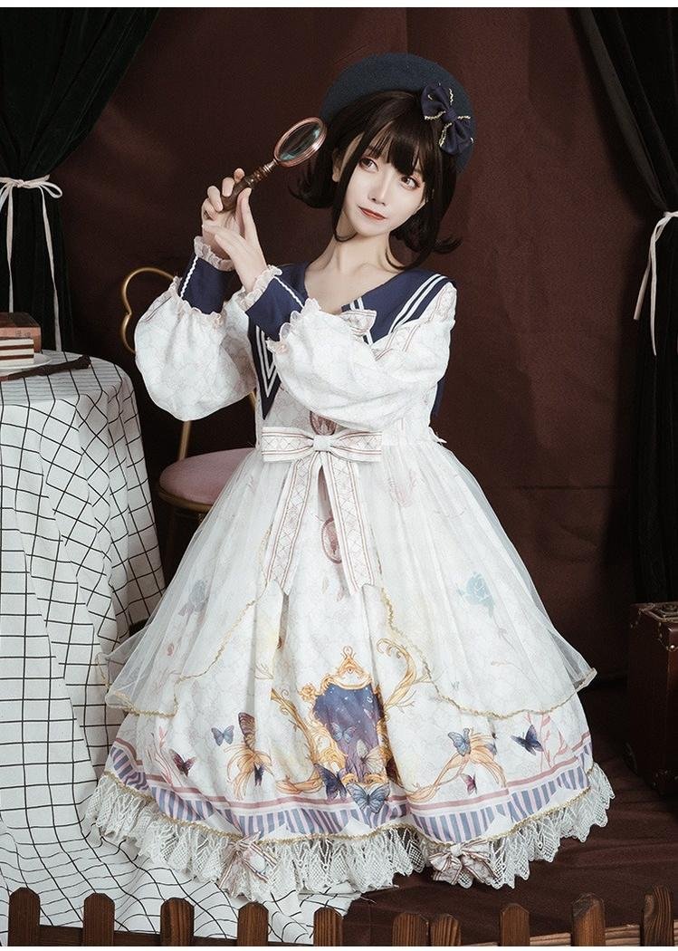 Classic Vintage Long Sleeve Lolita Blue Printed Bowknot Dress Hem