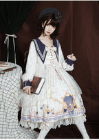 Classic Vintage Long Sleeve Lolita Blue Printed Bowknot Dress Hem