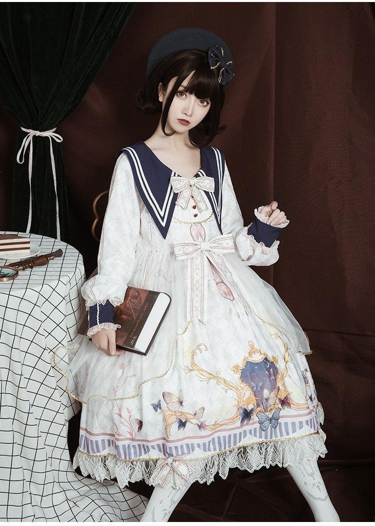Classic Vintage Long Sleeve Lolita Blue Printed Bowknot Dress Hem