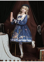 Classic Vintage Long Sleeve Lolita Blue Printed Bowknot Dress Hem