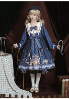 Classic Vintage Long Sleeve Lolita Blue Printed Bowknot Dress Hem