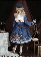 Classic Vintage Long Sleeve Lolita Blue Printed Bowknot Dress Hem