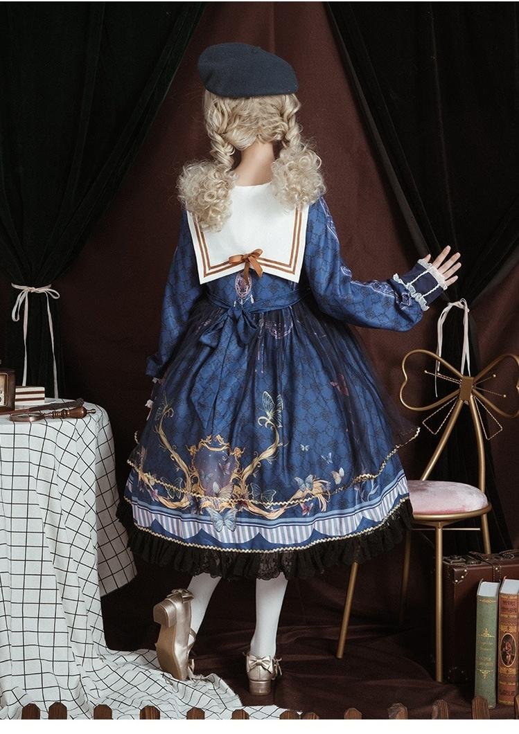 Classic Vintage Long Sleeve Lolita Blue Printed Bowknot Dress Hem