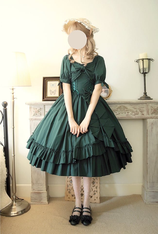 Classic Vintage Solid Lolita Ruffle Hem Dress Long Sleeve OP Multicolors Graduation Ceremony Casual Coord