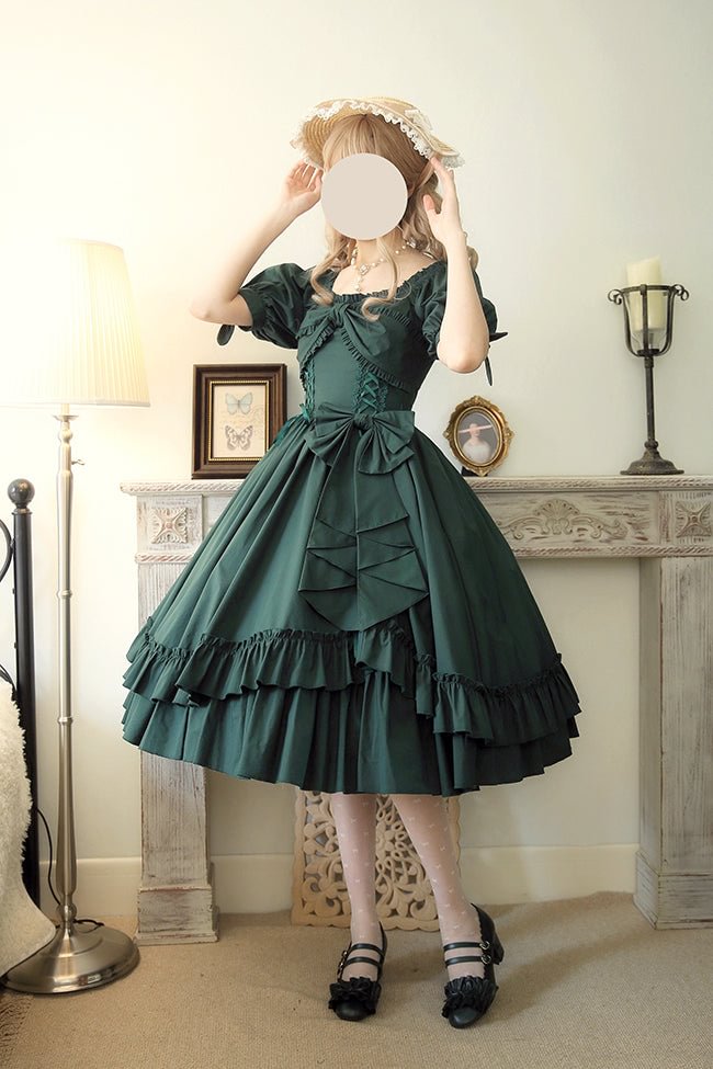 Classic Vintage Solid Lolita Ruffle Hem Dress Long Sleeve OP Multicolors Graduation Ceremony Casual Coord