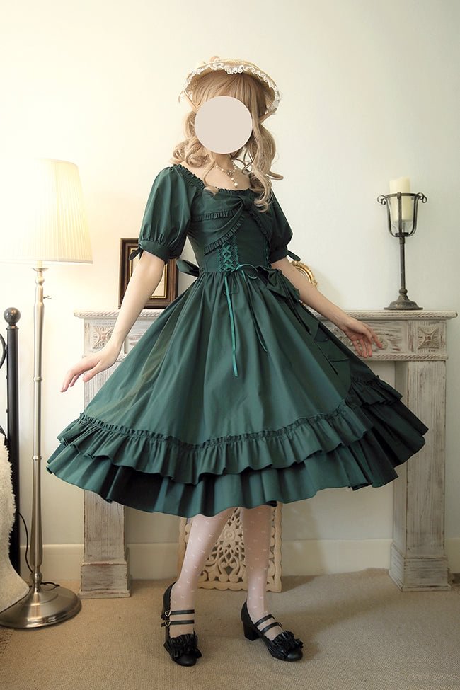 Classic Vintage Solid Lolita Ruffle Hem Dress Long Sleeve OP Multicolors Graduation Ceremony Casual Coord