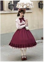 Classic and Eelegant Purple-red Cotton Long Dress with Sweet Bow Lolita Long Sleeved Dress in Autumn